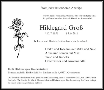 Traueranzeige von Hildegard Groß von Rheinische Post