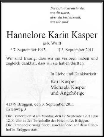 Traueranzeige von Hannelore Kasper von Rheinische Post