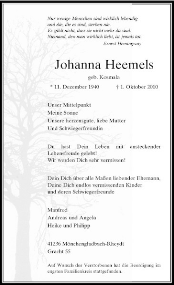 Traueranzeige von Johanna Heemels von Rheinische Post