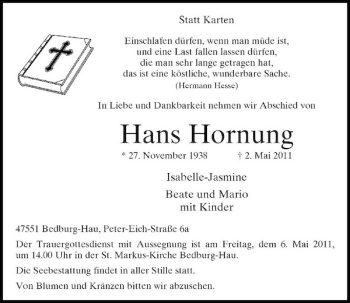 Traueranzeige von Hans Hornung von Rheinische Post