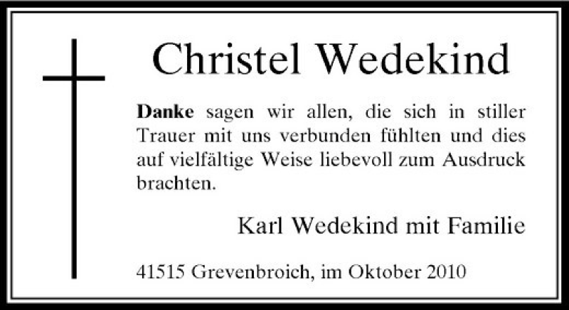  Traueranzeige für Christel Wedekind vom 02.10.2010 aus Rheinische Post
