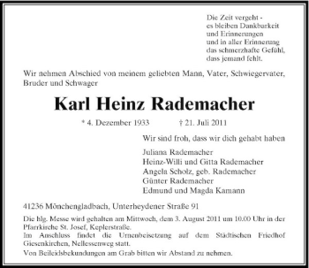 Traueranzeige von Karl Heinz Rademacher von Rheinische Post