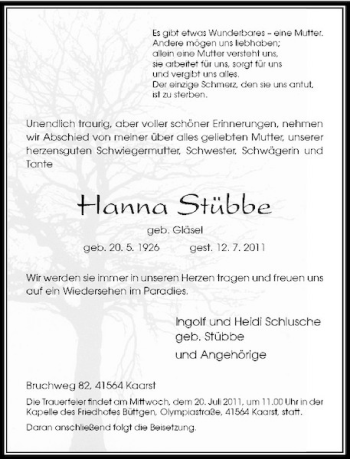 Traueranzeige von Hanna Stübbe von Rheinische Post