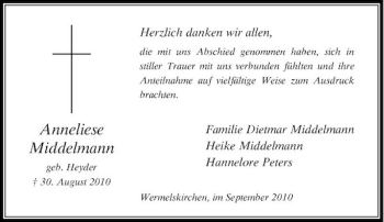 Traueranzeige von Anneliese Middelmann von Rheinische Post