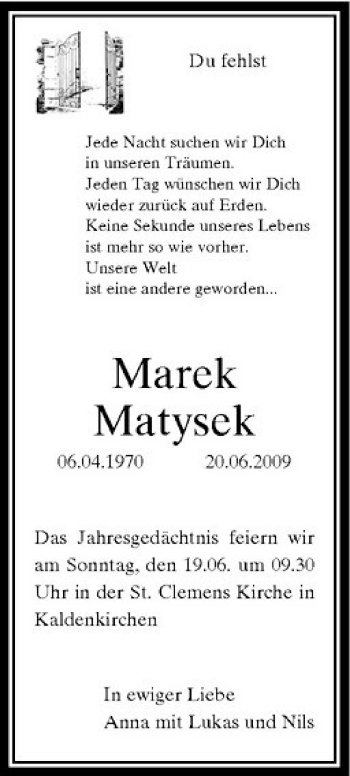 Traueranzeige von Marek Matysek von Rheinische Post