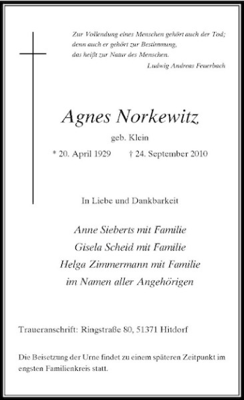 Traueranzeige von Agnes Norkewitz von Rheinische Post