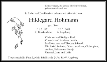 Traueranzeige von Hildegard Hohmann von Rheinische Post