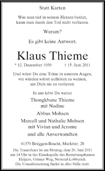 Traueranzeige von Klaus Thieme von Rheinische Post