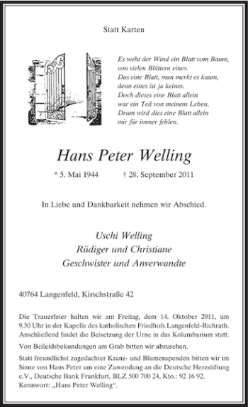 Traueranzeige von Welling Hans Peter von Rheinische Post