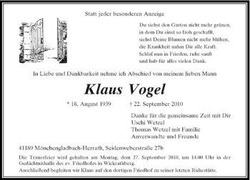 Traueranzeige von Klaus Vogel von Rheinische Post