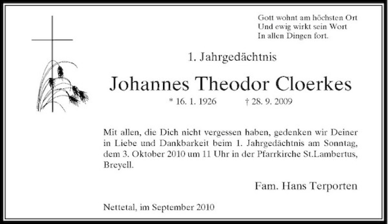  Traueranzeige für Johannes Theodor Cloerkes vom 29.09.2010 aus Rheinische Post