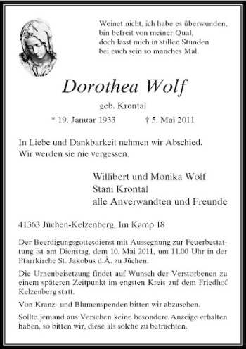 Traueranzeige von Dorothea Wolf von Rheinische Post