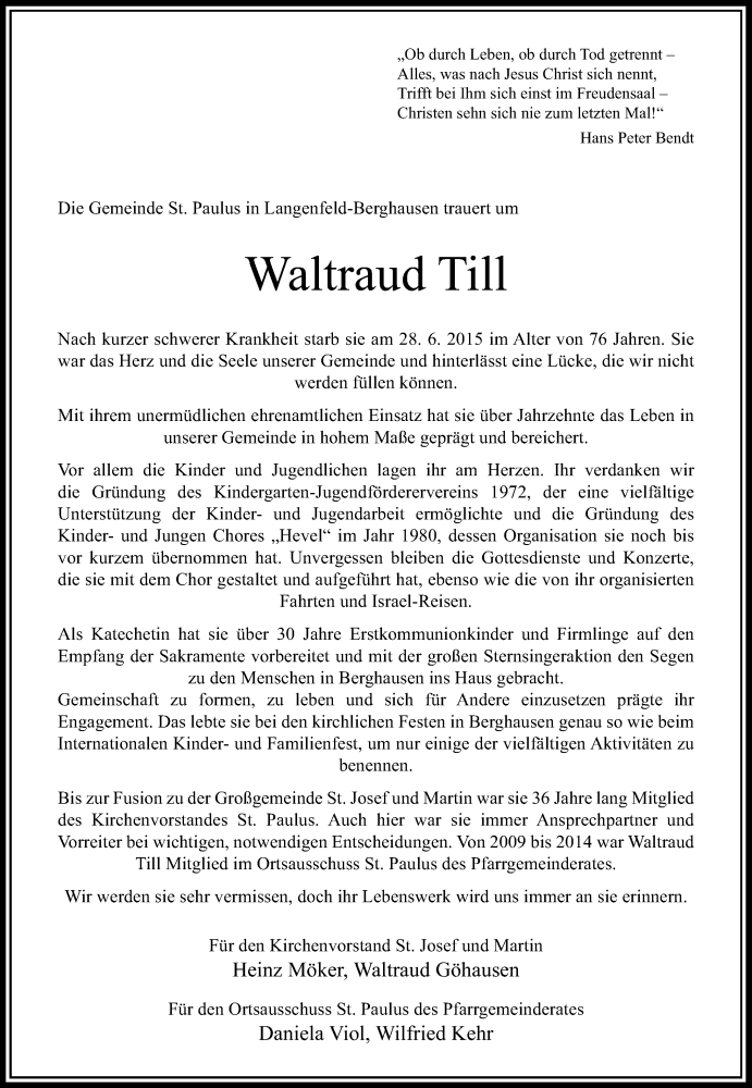  Traueranzeige für Waltraud Till vom 04.07.2015 aus Rheinische Post