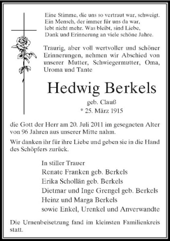 Traueranzeige von Hedwig Berkels von Rheinische Post