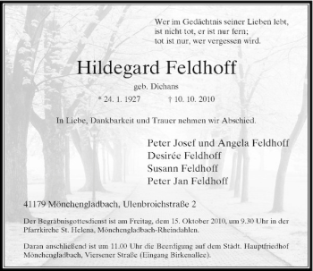 Traueranzeige von Hildegard Feldhoff von Rheinische Post