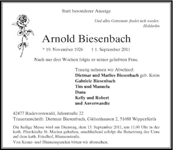 Traueranzeige von Arnold Biesenbach von Rheinische Post