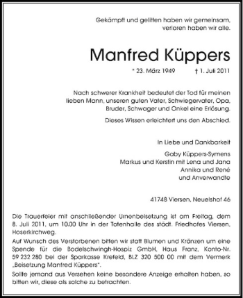 Traueranzeige von Manfred Küppers von Rheinische Post