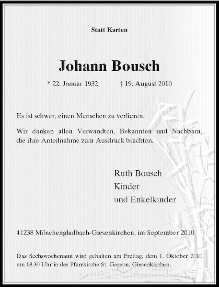  Traueranzeige für Johann Bousch vom 25.09.2010 aus Rheinische Post