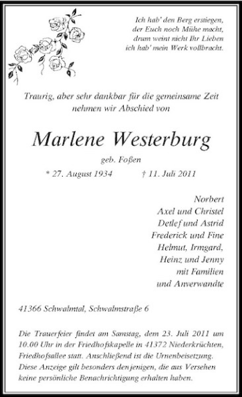 Traueranzeige von Marlene Westerburg von Rheinische Post