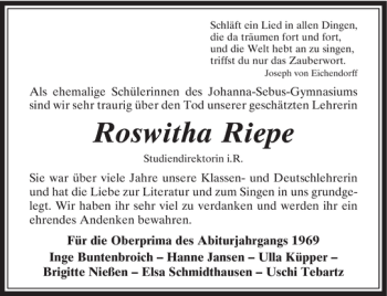 Traueranzeige von Roswitha Riepe von Rheinische Post