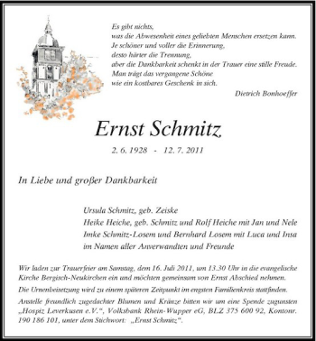 Traueranzeige von Ernst Schmitz von Rheinische Post