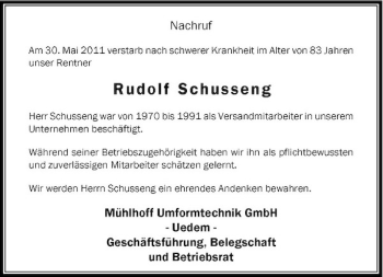 Traueranzeige von Rudolf Schusseng von Rheinische Post