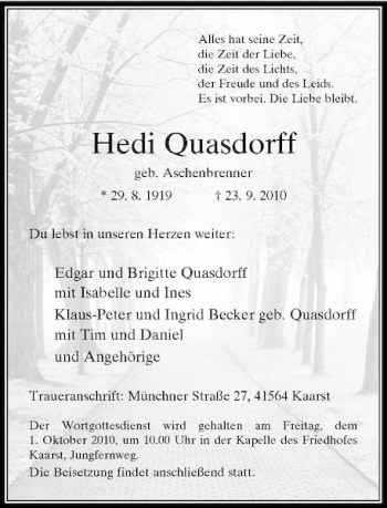 Traueranzeige von Hedi Quasdorff von Rheinische Post