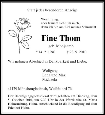 Traueranzeige von Fine Thom von Rheinische Post