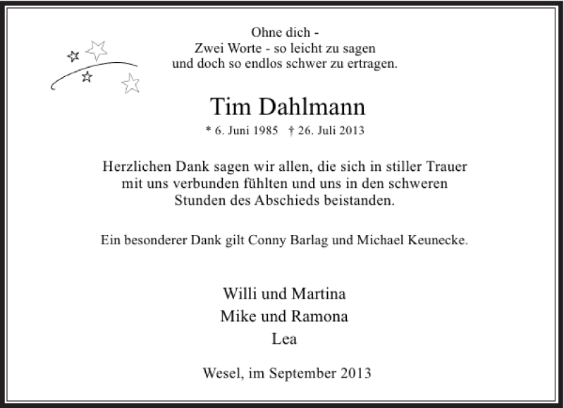  Traueranzeige für Tim Dahlmann vom 11.09.2013 aus Rheinische Post
