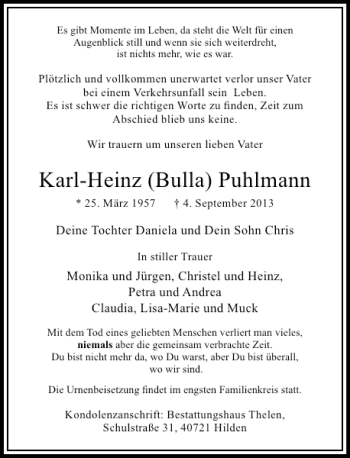 Traueranzeige von Karl-Heinz Bulla Puhlmann von Rheinische Post