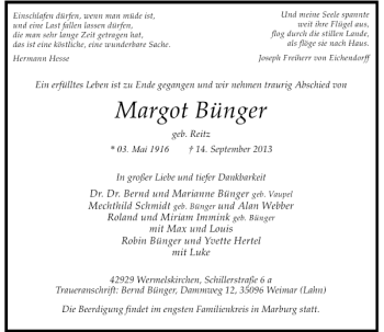 Traueranzeige von Margot Bünger von Rheinische Post