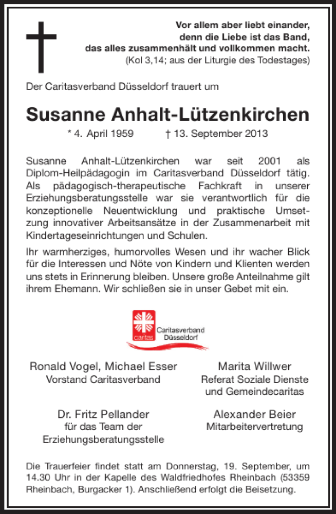  Traueranzeige für Susanne Anhalt-Lützenkirchen vom 18.09.2013 aus Rheinische Post