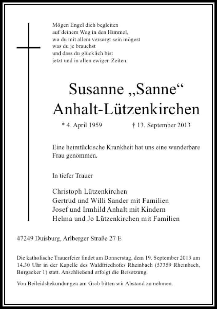  Traueranzeige für Susanne 'Sanne' Anhalt-Lützenkirchen vom 18.09.2013 aus Rheinische Post