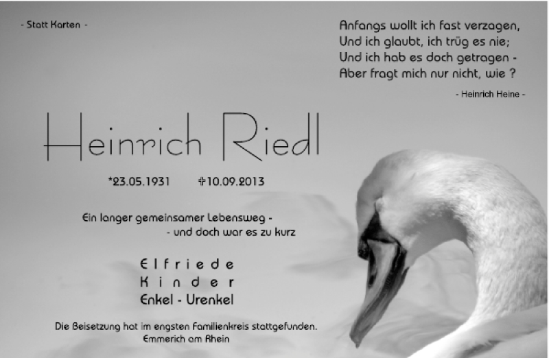  Traueranzeige für Heinrich Riedl vom 18.09.2013 aus Rheinische Post