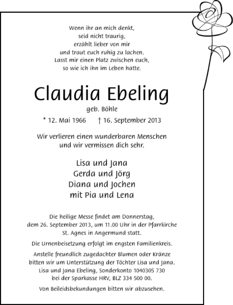  Traueranzeige für Claudia Ebeling vom 21.09.2013 aus Rheinische Post