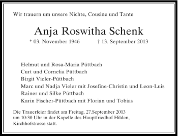 Traueranzeige von Anja Roswitha Schenk von Rheinische Post