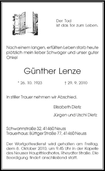Traueranzeige von Günther Lenze von Rheinische Post