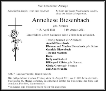 Traueranzeige von Anneliese Biesenbach von Rheinische Post