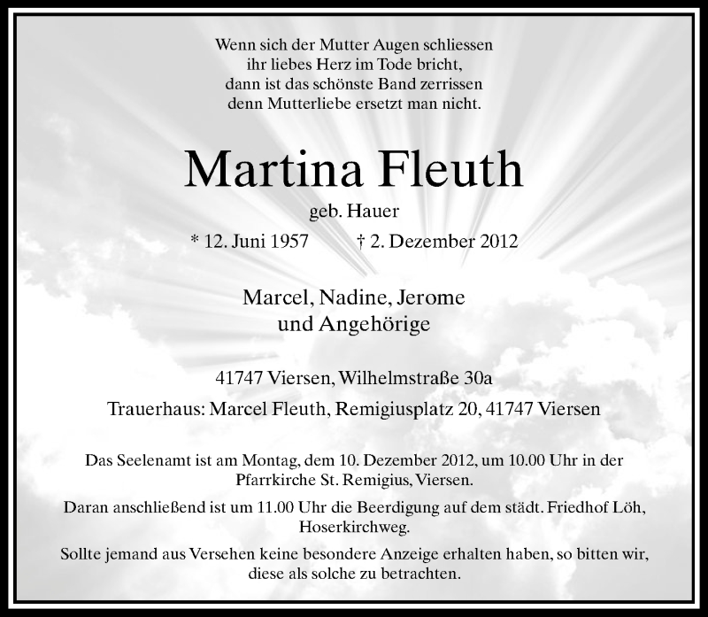  Traueranzeige für Martina Fleuth vom 06.12.2012 aus Rheinische Post