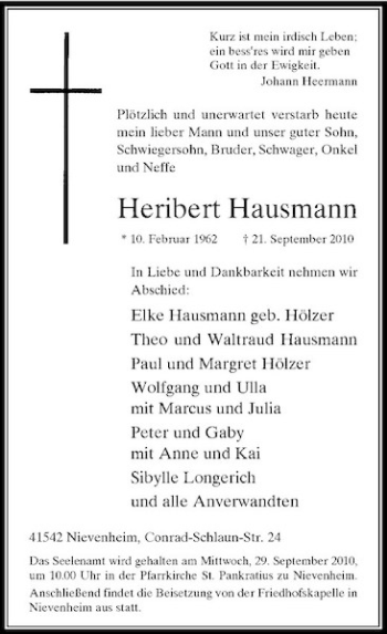 Traueranzeige von Heribert Hausmann von Rheinische Post