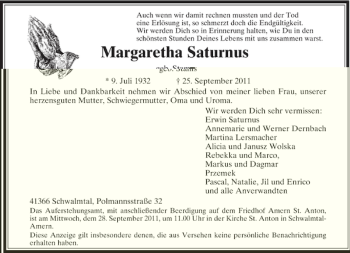 Traueranzeige von Margaretha Saturnus von Rheinische Post