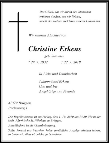 Traueranzeige von Christine Erkens von Rheinische Post