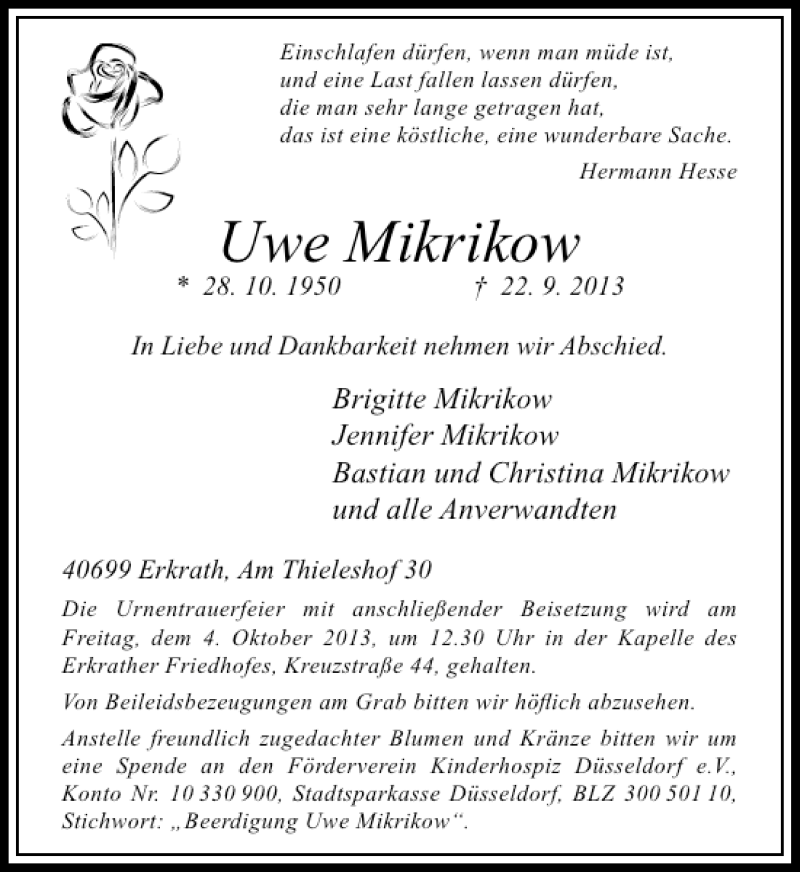  Traueranzeige für Uwe Mikrikow vom 27.09.2013 aus Rheinische Post