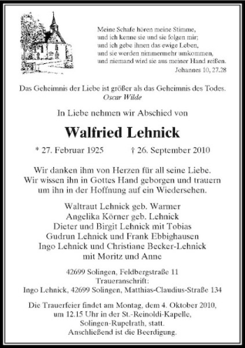 Traueranzeige von Walfried Lehnick von Rheinische Post
