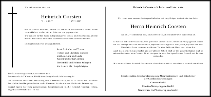  Traueranzeige für Heinrich Corsten vom 01.10.2013 aus Rheinische Post