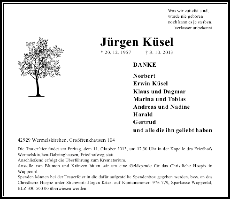  Traueranzeige für Jürgen Küsel vom 08.10.2013 aus Rheinische Post