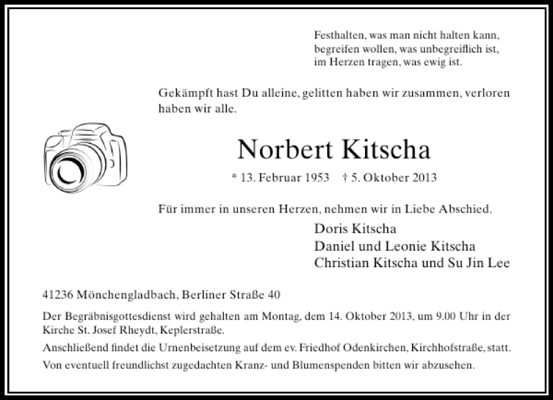  Traueranzeige für Kitscha Norbert vom 12.10.2013 aus Rheinische Post