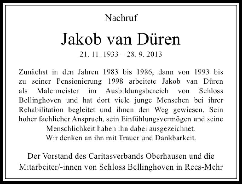  Traueranzeige für Jakob van Düren vom 09.10.2013 aus Rheinische Post