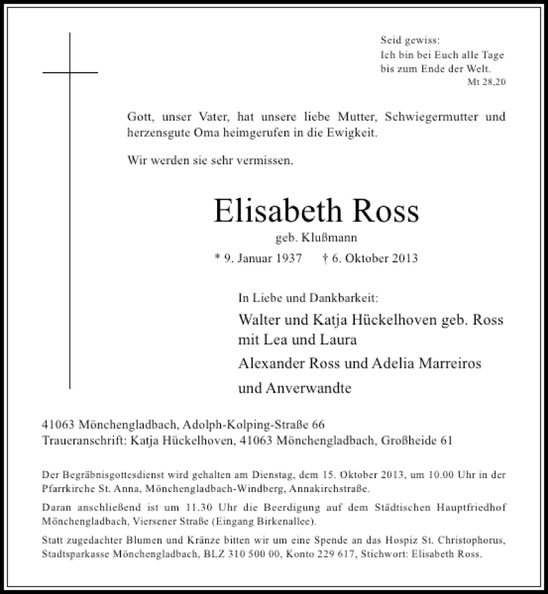 Alle Traueranzeigen für Elisabeth Ross | trauer.rp-online.de