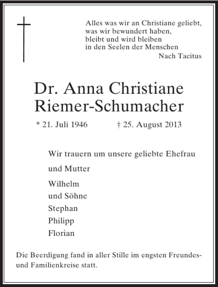 Alle Traueranzeigen für Dr. Anna ChristianeRiemer-Schumacher | trauer ...